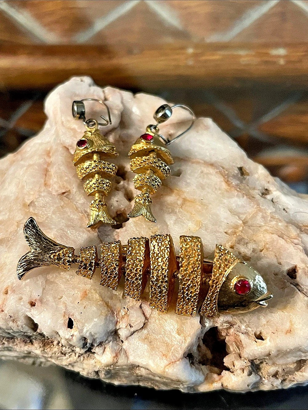 Articulated Brooch Fish With Matching Earrings